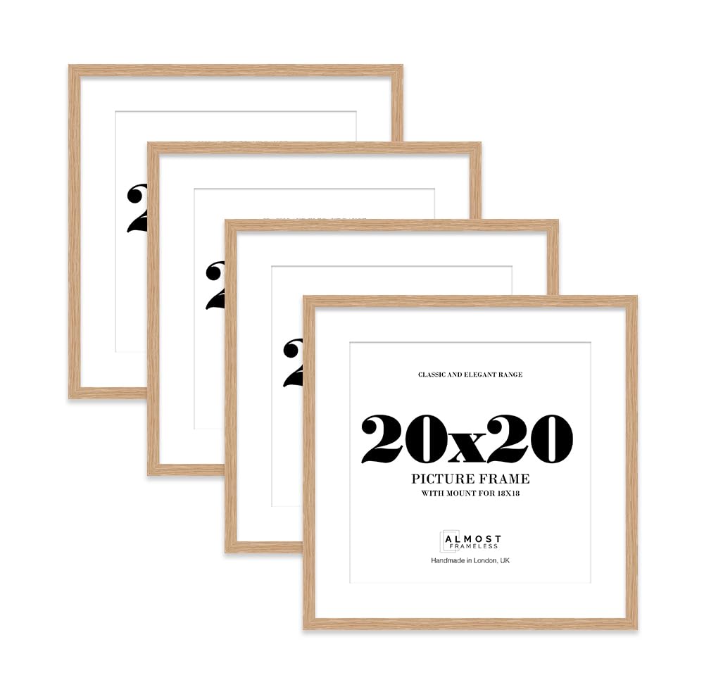 20x20 Oak Picture Frame with Mount for 18x18 Photos, Prints - Modern Square Wall Frame, Set of 4