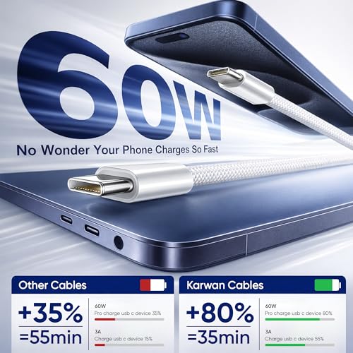 Image of KARWAN 60W Type C to Type C Cable [2Yrs Warranty] Nylon Braided PD Fast Charging Cable Compatible with iPhone 17 Air /17e /17 /16 /16e /15 /Plus /Pro /Max /MacBook /iPad /Samsung Galaxy S /A /M /F /Z Series & More