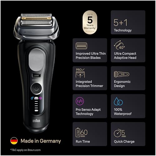 Image of Braun Series 9 PRO+ Electric Shaver for Men, Wet & Dry Foil Razor, 6-in-1 SmartCare Center, Built-in Precision ProTrimmer, Replacement Head, Travel Case, Black 9660CCPS
