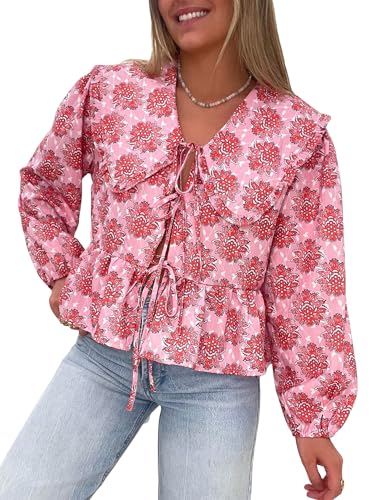 YILEEGOO Women's Tie Front Peplum Tops Long/Short Lantern Sleeve Peter Pan Collar Loose Babydoll Shirt Blouses
