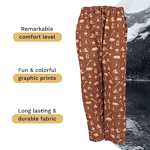 Wide Leg Men's Lounge Pants, Comfy Men's PJ Pants, Lightweight Jersey Fabric Pajama Pants with Fun Graphic Prints, Elastic Waistband, and Side Pockets (Camping Print, Chocolate, Medium)3