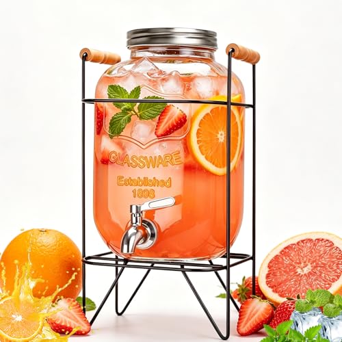Hiziwimi Distributeur de Boissons en Verre avec Support, 4L Distributeur de Jus de Fruits avec robinet étanche pour BBQ, fêtes à la piscine et réunions de...