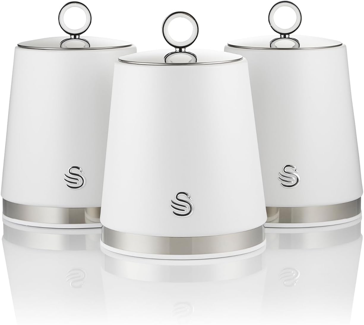 SWKA18536WHT Serenity Set of 3 Kitchen Storage Canisters for Tea, Coffee, and Sugar with Smooth Matt Finish and Stainless Steel Accents, 1.3L, White