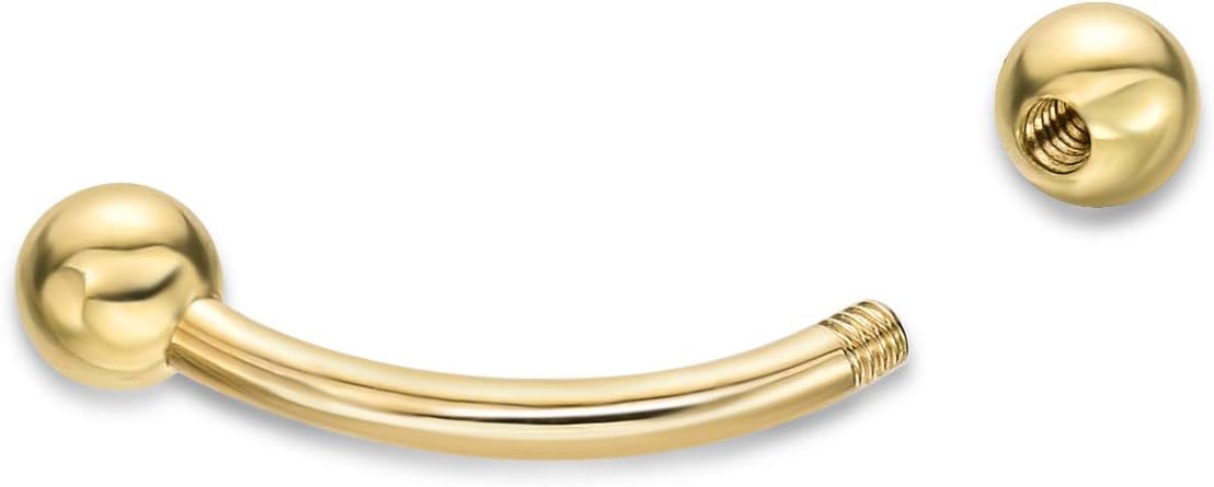 Lavari Jewelers 16 Gauge Curved Barbell Eyebrow Stud - 14k Yellow Gold - 5/16 or 3/8 Inches - Unisex Hypoallergenic Piercing Jewelry