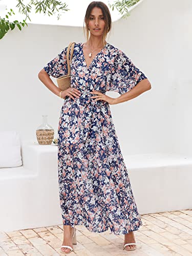 Image of ANRABESS Womens 1 /2 Sleeve Beach Wedding Guest Maxi Dresses 2026 Summer Wrap V Neck Boho Floral Flowy Slit Long Dresses