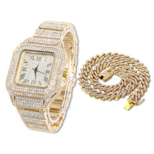 Montre en or blanc platine iced out et collier bracelet chaîne cubaine homme