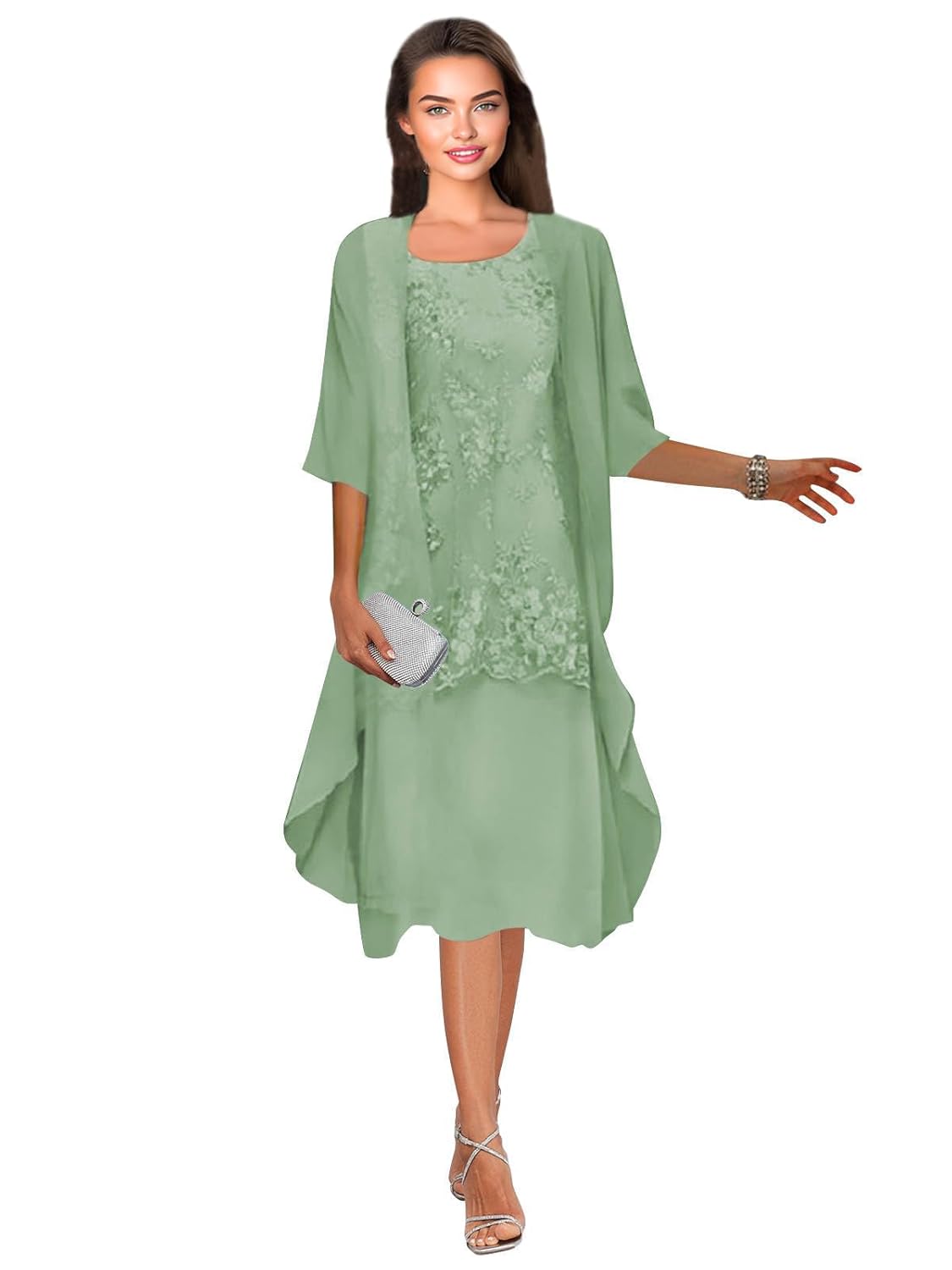 Tea-Length Mother of The Bride Dress for Chiffon Lace Draped Applique Formal Wedding Guest Dress with Jacket 2