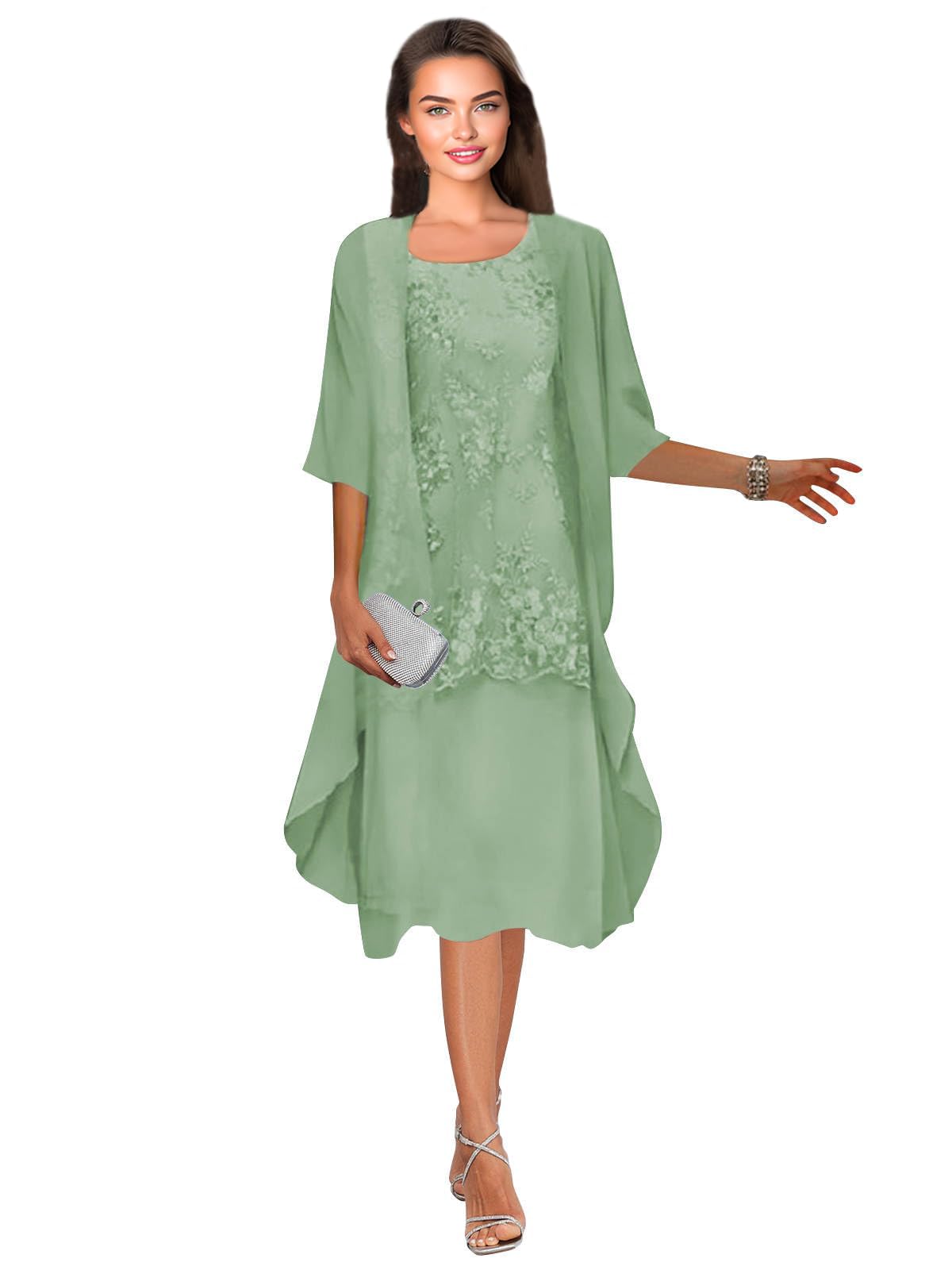 Tea-Length Mother of The Bride Dress for Chiffon Lace Draped Applique Formal Wedding Guest Dress with Jacket 2