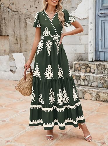 Image of PRETTYGARDEN Womens 2026 Summer Casual V Neck Boho Maxi Dress Flowy Aline Bell Sleeve Tiered Floral Dresses with Pocket