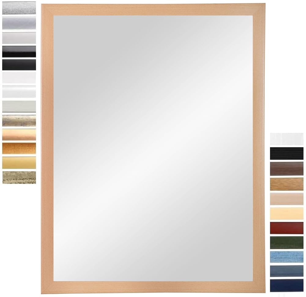 PrimeLuxe Espejo de pared 65 x 65 cm (medida exterior) cuadrado en haya natural | Color y tamaño seleccionables | Espejo de cuerpo entero | Espejo para baño y pasillo | con marco de madera | Fabricado
