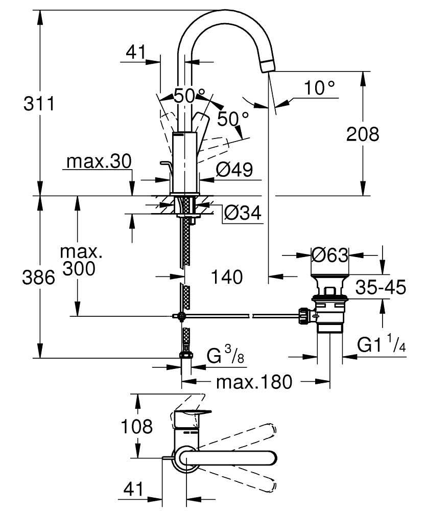 GROHE StartEdge, Waschtischarmatur hoch, wassersparend (Wasserhahn für das Bad, Badarmatur mit Zugstangen-Ablauf, 31cm hoch, mit 3in1 Werkzeug, einfache Installation am Waschbecken), chrom, 24201001