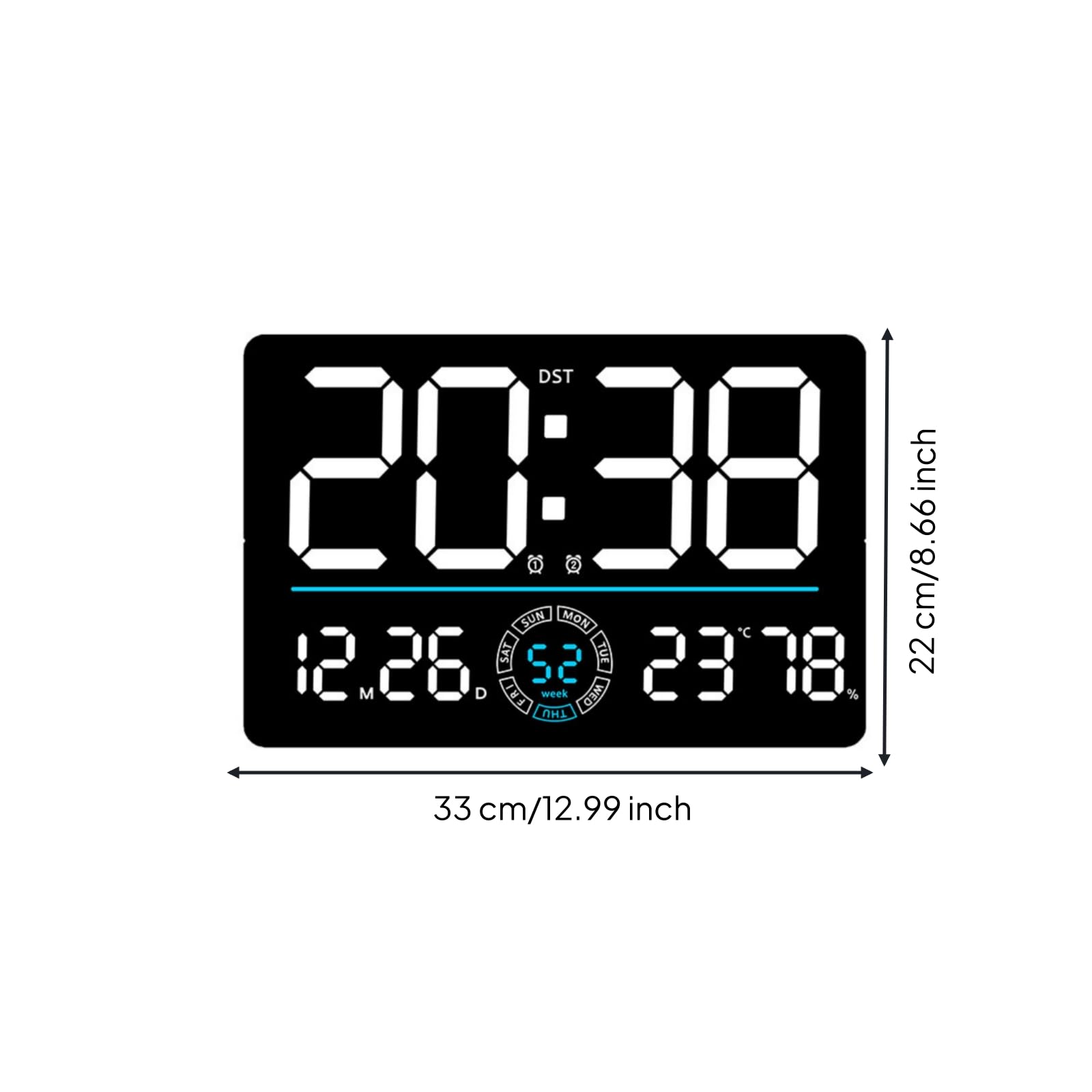 KESOTO Orologio Digitale da Parete Orologio LED Orologio Murale Sveglia Termometro Giorno Temperatura Umidità Centro Circolare Indicatori Visibilità Lontana