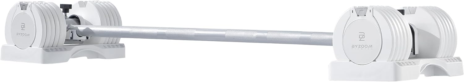 BYZOOM FITNESS White 25lb Adjustable Dumbbells & Easy Bar Barbell Set for Weight Training Body Workout