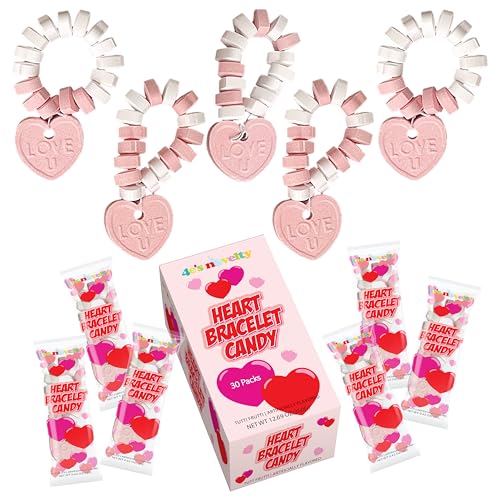 4E's Novelty 30 Packs Heart Candy Bracelet, Valentine Candies Bracelets Individually Wrapped Bulk with Love U Charm, Valentines Candies for Kids Classroom Exchange, Fun Party Favors, Gift Bag Fillers
