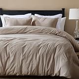 WDCOZY Dark Beige Queen Size Jacquard Duvet Cover Set with Zipper Closure, Modern Washed Soft Striped Bedding, Textured Seersucker Like Cotton Linen, 1 Duvet Cover and 2 Pillow Shams, No Comforter