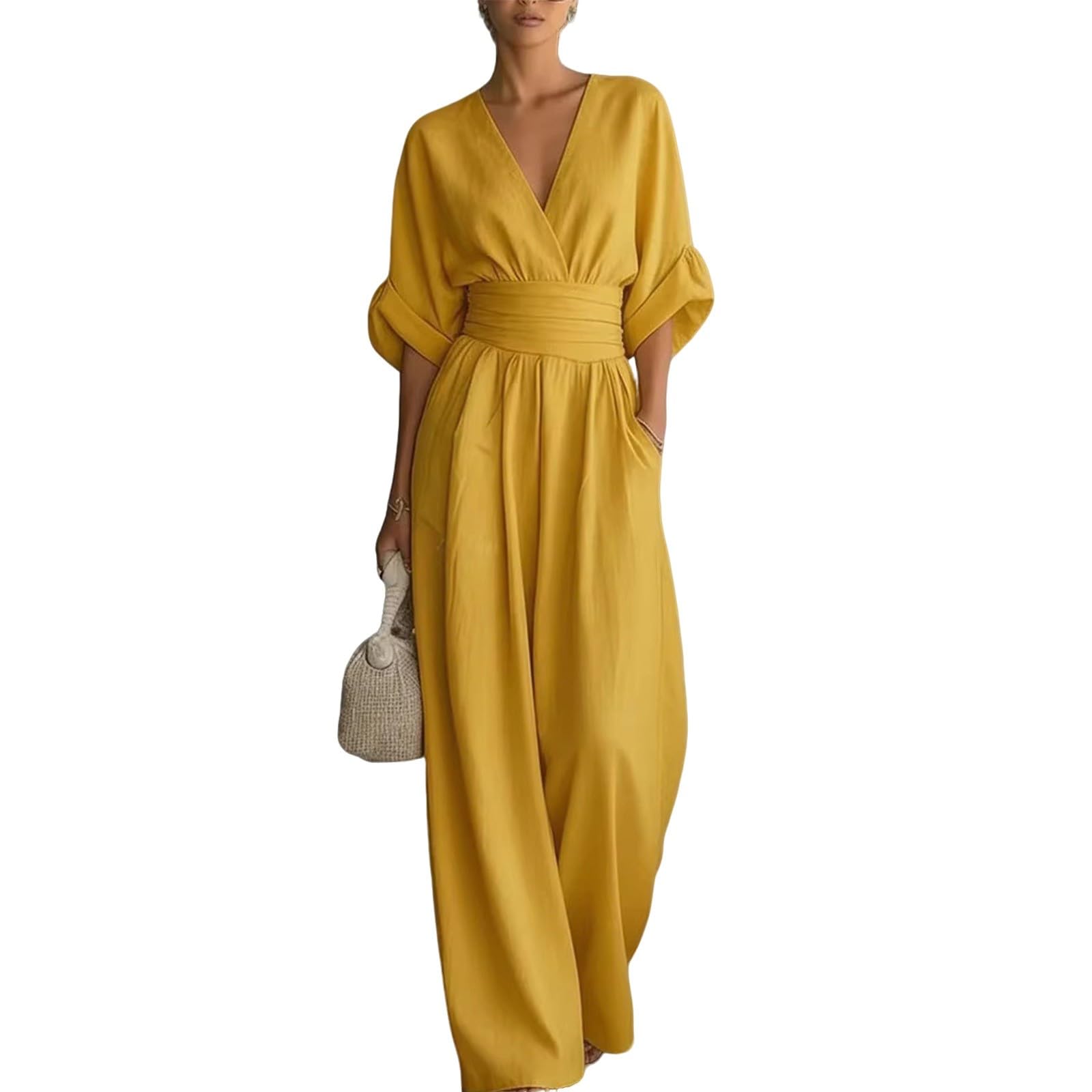 Generisch Tuta da donna elegante con maniche e scollo a V | Tuta con pantaloni, gamba larga, tutina lunga con tasca, vita alta, monopezzo, comoda mussola