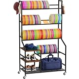 Portin 5 Tier Disc Golf Storage Rack, Disc Station Organizer with Hooks and wheels, Disc Golf Shelf for Storing Sports Equipment Accessories, Disc Golf Bag Basket Organizers for Home Garage Basement