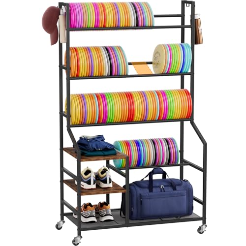 Portin 5 Tier Disc Golf Storage Rack Disc Station Organizer with Hooks and wheels Disc Golf Shelf for Storing Sports Equipment Accessories Disc Golf Bag Basket Organizers for Home Garage Basement