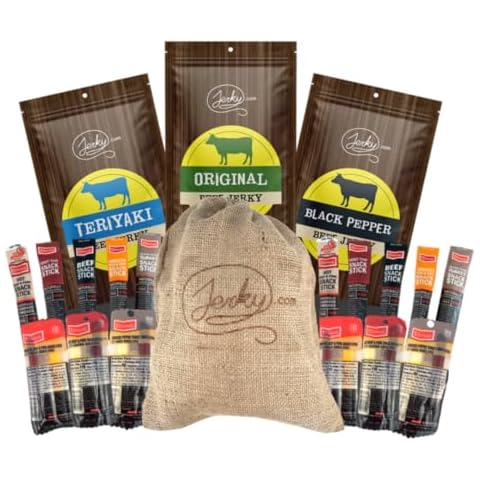 Jerky.com 19 Piece Beef Jerky Gift Bag - 3 Flavors of Beef Jerky and 16 Assorted Meat and Cheese Sticks - Unique Gift Basket for Men Cover