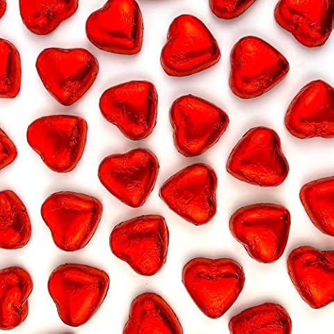 Milk Chocolate Hearts - 50 Small Red Foil Wrapped Chocolate Hearts Love Heart Chocolates | Wedding Favour Chocolates Cover