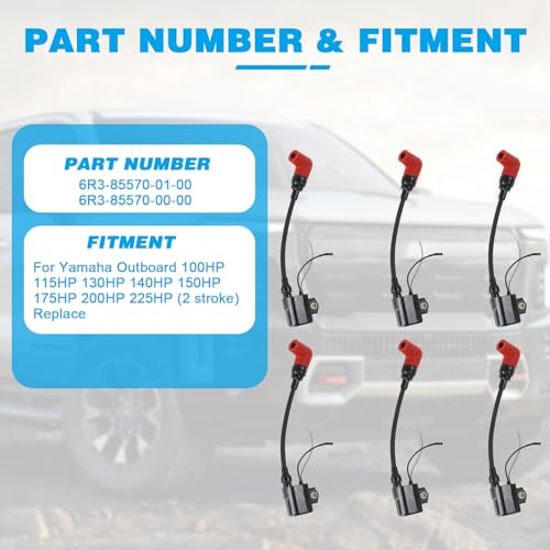 FIWARY Heavy Duty Ignition Coils 6pcs fits for Yamaha Outboard 100HP 115HP 130HP 140HP 150HP 175HP 200HP 225HP(2 stroke) Replace OE 6R3-85570-01-00 6R3-85570-00-00