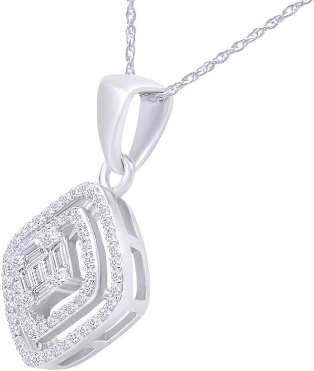 SAVEARTH DIAMONDS 1/3 CT.t.w 14k Gold Baguette And Round Cut Lab Grown Diamond Square Cluster Pendant Necklace, 18" Chain, VS-SI Clarity, 0.33 Cttw
