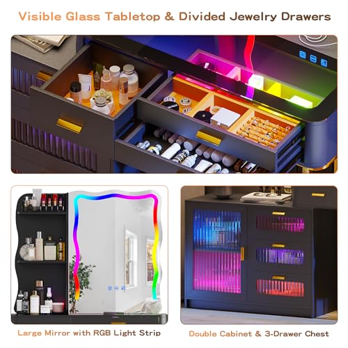 Lvifur RGB Makeup Vanity Desk with Lights, Glass Top Vanity Table with 24 Color Dimmable Lights, Large Vanity Set with 8 Drawers, Dressing Table with Cushioned Stool, Black