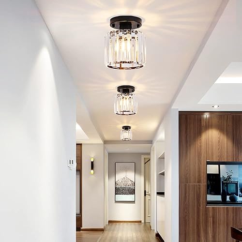 Miniatura 6 de Flyrose Moderna lámpara de techo de montaje semiempotrado, color negro, antiguo pequeño candelabros de cristal, accesorios de luz de pasillo de