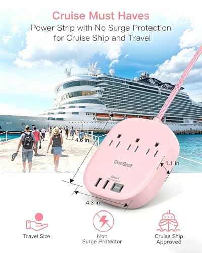 Image of Cruise Ship Travel Essentials, 22.5W /4.5A Flat Plug Power Strip, 6Ft Extension Cord, 3 Outlets 4 USB Ports (2 USB C) Cruise Approved Power Strip No Surge Protection, Desktop Charging Station, Pink