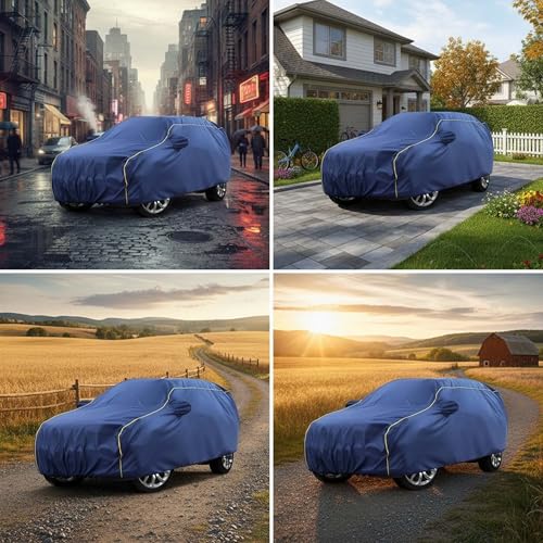 Image of Sulfar 100% Water Resistant Car Body Cover Compatible with Mirror for CITROEN E-C3 All Electric (Triple Stitched, Full Bottom Elastic, Blue Tafetta with Yellow Piping)