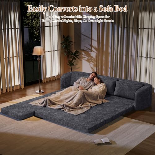 Image of Vesgantti 6 in 1 Convertible Folding Sleeper Sofa Bed, No Assembly, Blue | 110.2 inch L Shaped Modular Sectional Sofa, Curved Armrest, Deep Seat Boneless Couches for Living Room, Chenille, Left Facing