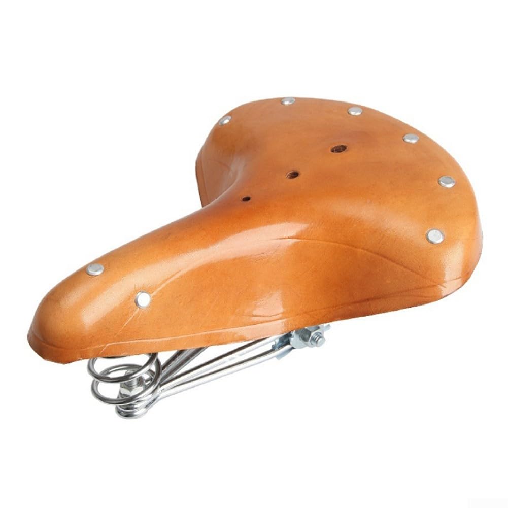 Vintage Leder Fahrradsattel mit Dreifachfeder-Stoßdämpfung, ergonomisches Rindsleder-Fahrradsitzkissen für Rennradfahren, Retro-Braun, 26 x 21,5 cm