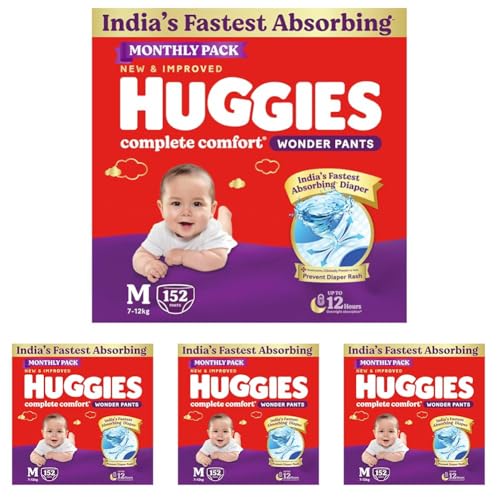 Image of Huggies Complete Comfort Wonder Pants | Pant Style Baby Diapers Medium Size (M), 152 Count | India's Fastest Absorbing Diaper, Prevents Diaper Rash, Ideal for 7 to 12 Kgs (76 Count, Pack of 8)