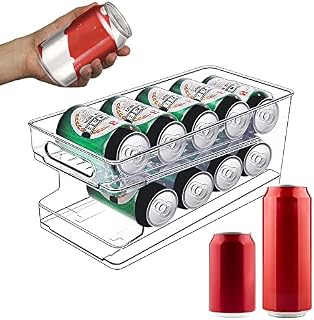 Rolling Can Dispenser, CAEEKER 2 Tier Fridge Beer Can Organiser Clear Can Dispenser Fridge Storage Drawer Pop Soda Can Organizer Bins Plastic Fridge Can Holder Container, Holds 10 PCS 330ML Beverage