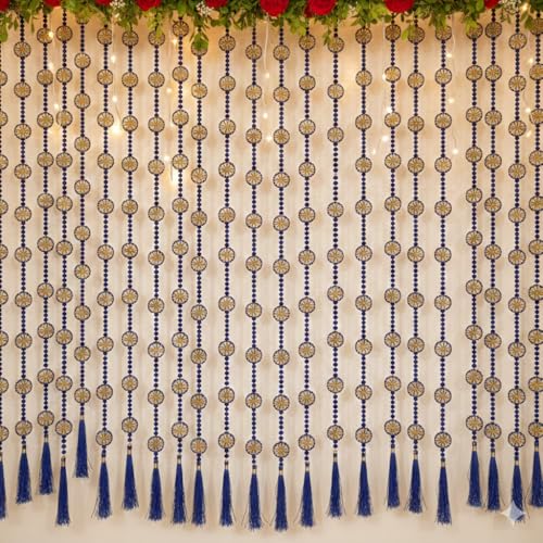 Image of Rajasthan Kraft Handmade Pom Pom Beads with Gotta Patti Ring Tassels Used for Wall Decor and Door Hanging|Home Office Diwali Decoration, Length 55 Inch, Pack of 2, Colour Blue (RK-34802-2)