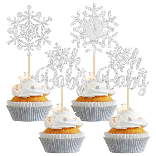 Gyufise 24Pcs Snowflake Oh Baby Cupcake Toppers Glitter Winter Fr...