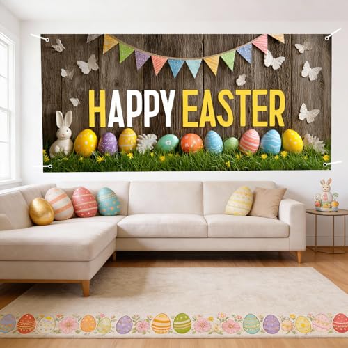 Image of Easter Garage Door Cover 157.48 x 70.87 Inch Rustic Wood Background Colorful Eggs Bunting Flags Happy Easter Text Vibrant Outdoor Decor Spring Celebration Family Party Garage Display