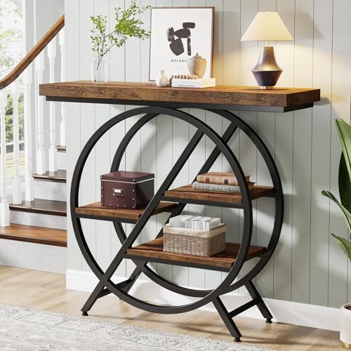 Tribesigns Table Console, 100 cm Table d'entrée avec Plateau épais, Industrielle Table de canapé Tables d'appoint avec Cadre métallique géométrique pour Le Salon, l'entrée, Brun Rustique – Image 4