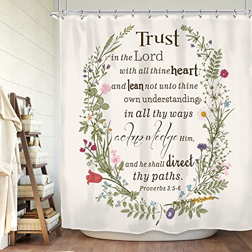 SVBright Bible Verse Scripture Shower Curtain Quotes Floral Herbs 60Wx72L Inch Vintage Botanical Plants Inspirational 12 Pack Hooks Polyester Waterproof Fabric Bathroom Bathtub Panels