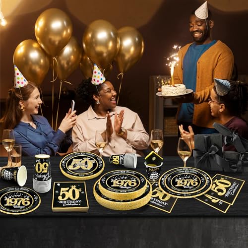 Image of 50th Birthday Decorations Black and Gold, Service for 30, Vintage 50th Birthday Party Supplies Includes Black Vintage 1976 Plates, Napkins, Cups 50th Birthday Plates and Napkins for Men Women