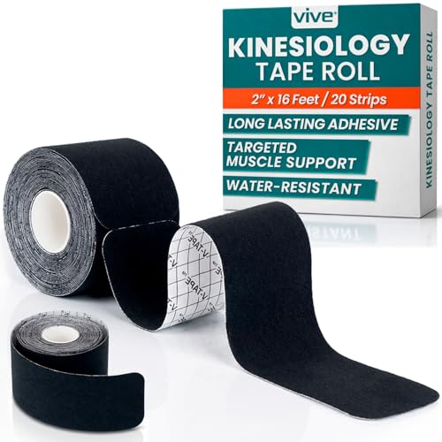 Vive Kinesiology Tape Roll - Tape Precut Strips (2" x 16 Feet/20 Strips) - Kinesio Sports Tape Athletic - Knee, Shoulder, Ankle, Muscle K Tape Adhesive Elastic Wrap - Body Kinetic Tape Waterproof