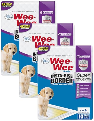 Image of Four Paws Wee-Wee Super Absorbent Unscented Pee Pads for Dogs & Puppies with Insta-Rise Border, Leak-Proof Dog Housebreaking Potty Training Floor Protection, 22 inch x 23 inch, 10 Count (Pack of 3)