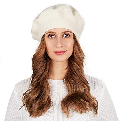 Women French Berets Hat Classic Winter Solid Color Warm Knit Beanie Hat (White)