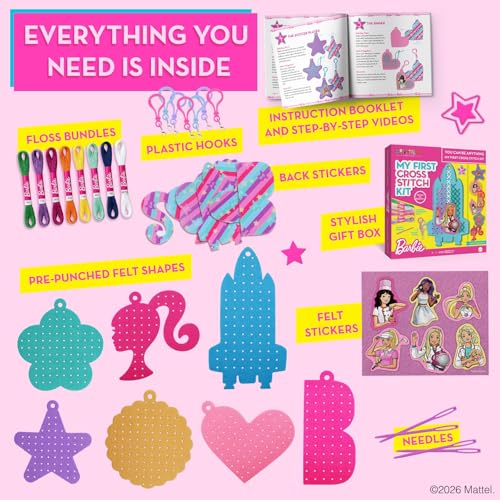Image of Barbie Cross Stitch Kit for Kids Ages 6-12 | Beginner Embroidery & Needlepoint Craft Kit, 7 Keychain Projects, Arts and Crafts Gift for Girls