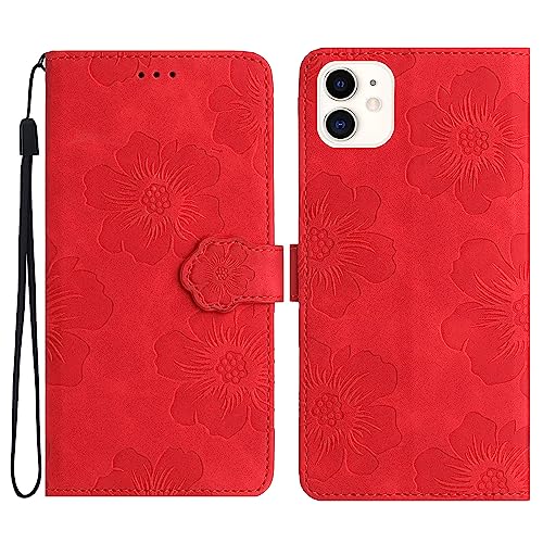 CrazyLemon 適用 iPhone 12 Mini ケース 手帳型 かわいい おしゃれ エンボス 花びら 花柄 デザイン ストラップ付き マット感 PU レザー アイフォン12ミニ 手帳ケース カード収納 マグネット式 スタンド機能 付き レディース 女性 人気 可愛い 財布型 スマホケース 衝撃吸収 頑丈 薄型 (Cute Flowers Wallet Case) - レッド/赤色の商品画像（Amazon）