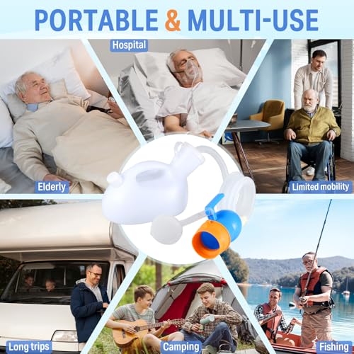 Urinals for Men - Portable Urinal for Men Spill Proof Men's Urine Bottle Male Pee Bottle w/Separate Urine Outlet Soft Funnel 68 OZ Urinal for Hospital Home Camping Car Leakproof 47" Hose White