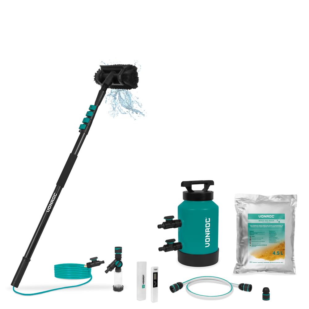 VONROC Teleskop Bürstenset aus Aluminium, 4,6 m + reiner Wasserfilter – Reinigung ohne Halos für Fenster, Autos, Wohnmobile und Sonnenkollektoren – mit Harz 4,5 l, TDS-Meter