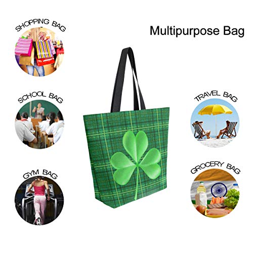 Image of St Patrick's Day Canvas Tote Grocery Bag Shoulder Casual Book Bag Large for Women Teachers, Shamrock Clover Cotton Bag Shopping Purse Handbag Reusable Multipurpose Use