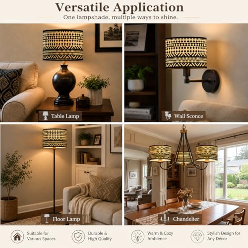 Image of Bamboo Lamp Shade, Wabi-Retro lamp shade, Hand-Woven Drum Light Cover for E27 Base 30X30x20CM, Easy Install Pendant Floor Wall Table Lamp Shade, Natural Mottled Shadow Effects