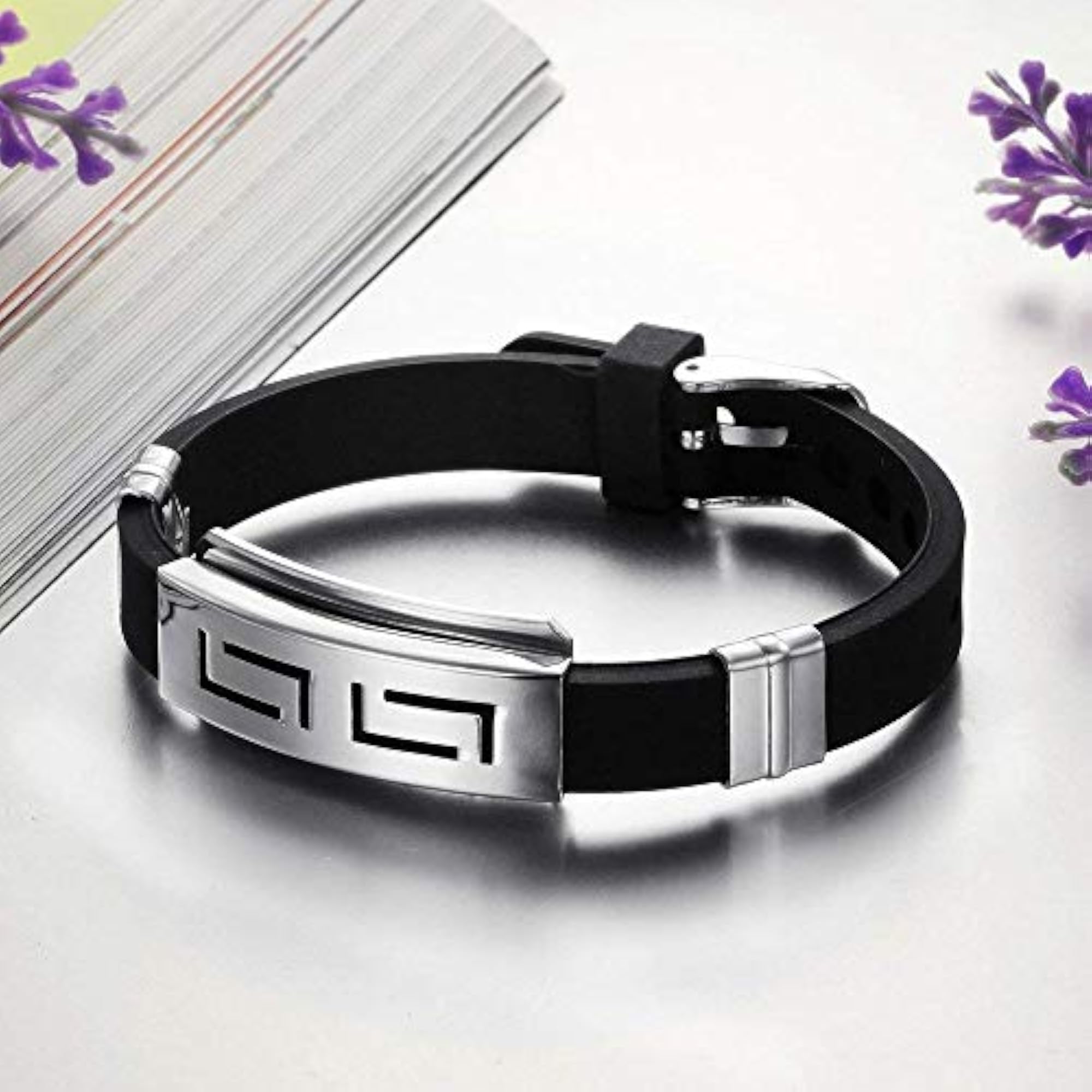 Men's Black Silicon Rubber Stainless Steel Hook Eye Clasp Bracelet